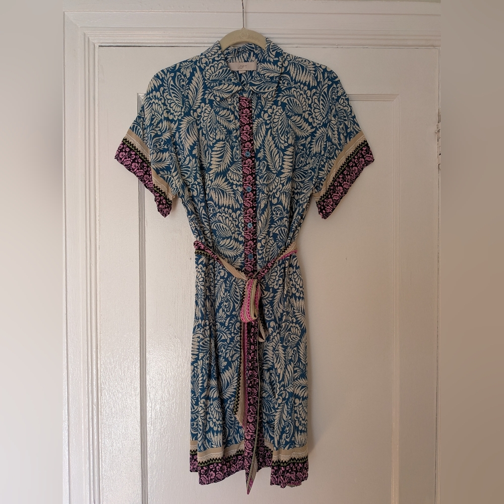 Loft Women's 12 Turquoise Cream Patterned Short Sleeve Belted Shirt Dress